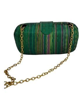 Green Raffia Shoulder Purse Gold Tone Chain Strap Striped With Snap Closure Bag